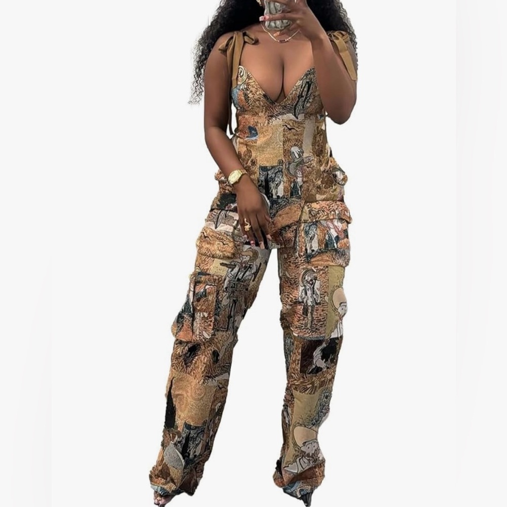 Stylish graphic print wide leg cargo pants with elastic waistband.